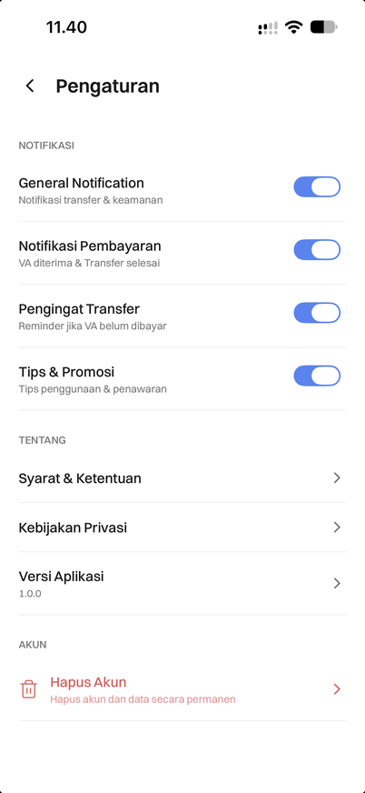 Halaman Pengaturan Doitpay Mobile dengan pilihan Hapus Akun