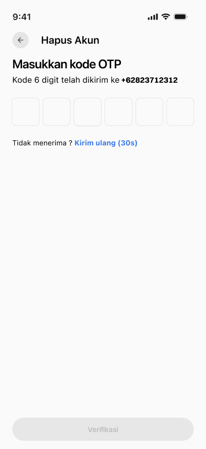 Halaman untuk memasukkan kode OTP penghapusan akun