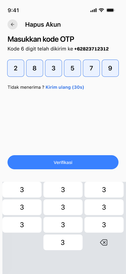 Halaman OTP dengan enam digit kode telah dimasukkan