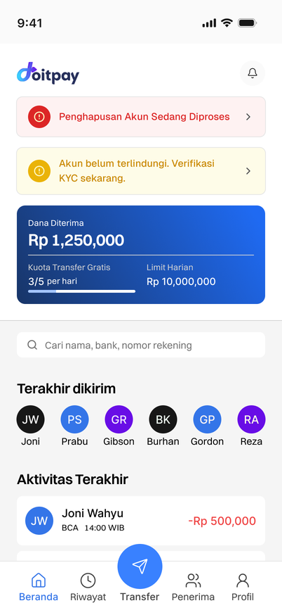 Beranda Doitpay Mobile yang menampilkan penghapusan akun sedang diproses