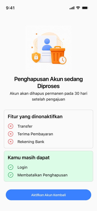 Halaman status penghapusan akun yang sedang diproses selama 30 hari