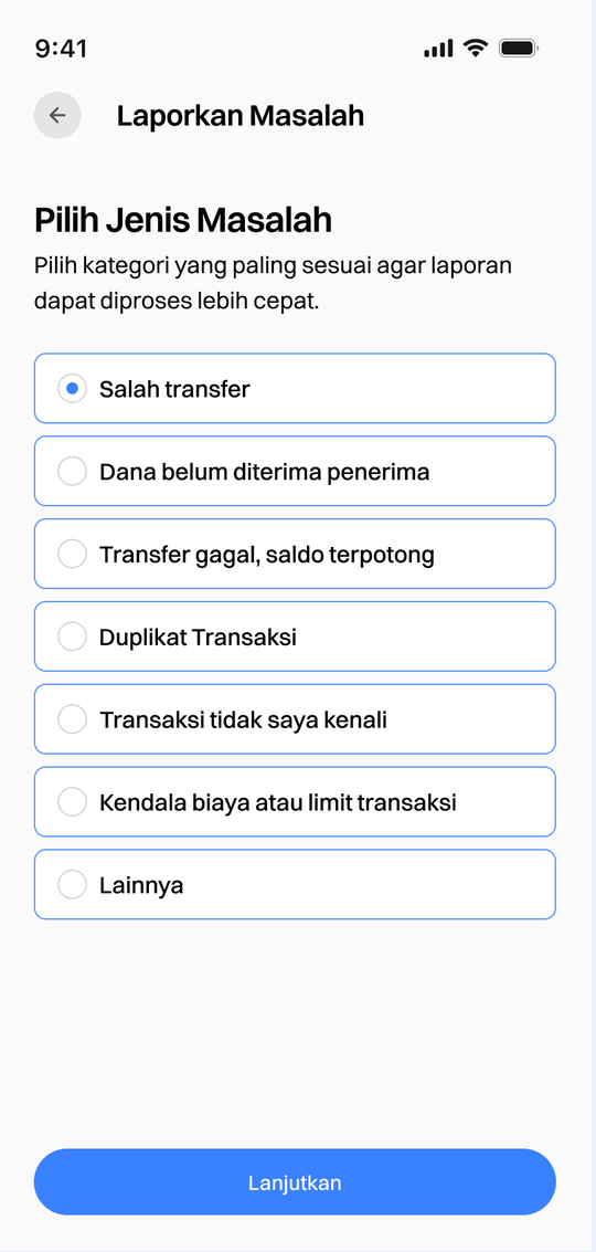 Daftar jenis masalah yang bisa dipilih
