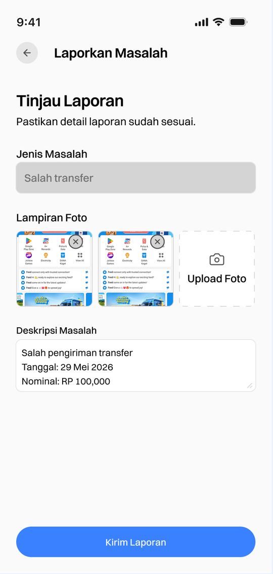 Layar meninjau laporan dengan lampiran foto dan deskripsi