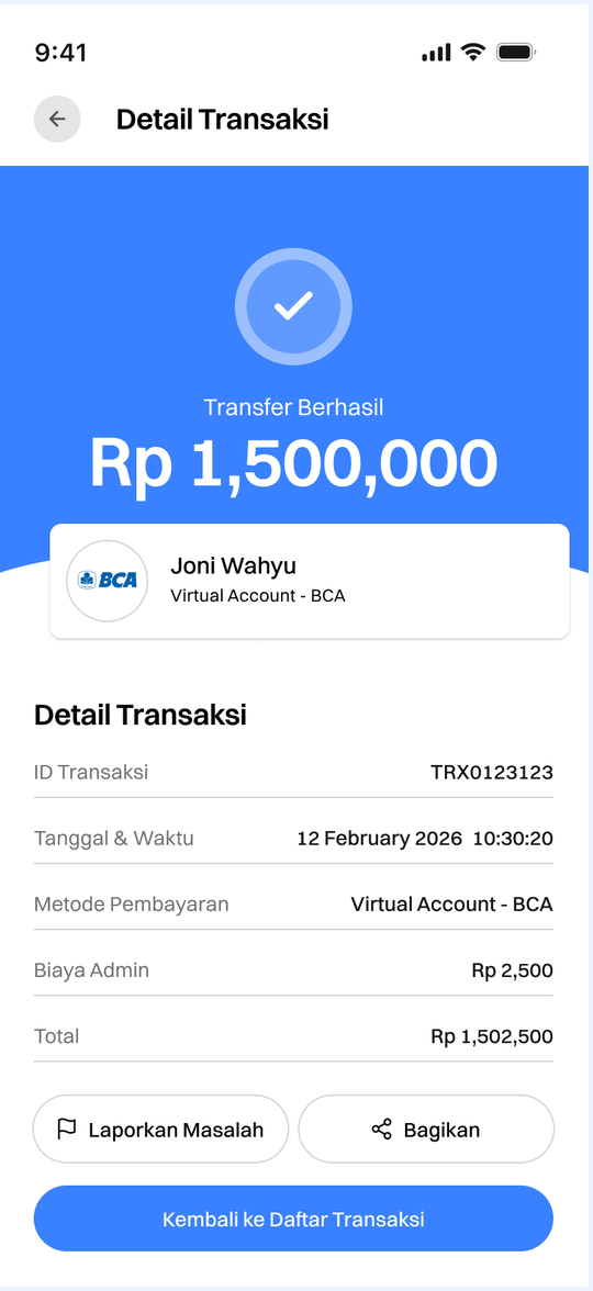 Detail transaksi dengan tombol Laporkan Masalah