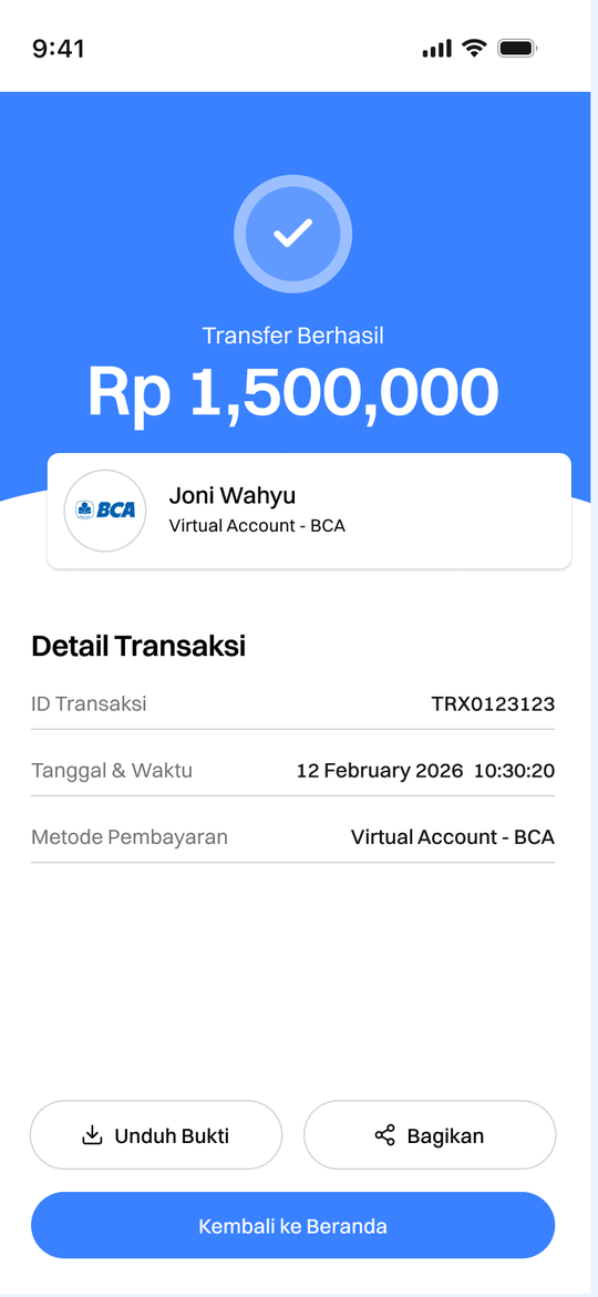 Detail transaksi dengan tombol Unduh Bukti dan Bagikan